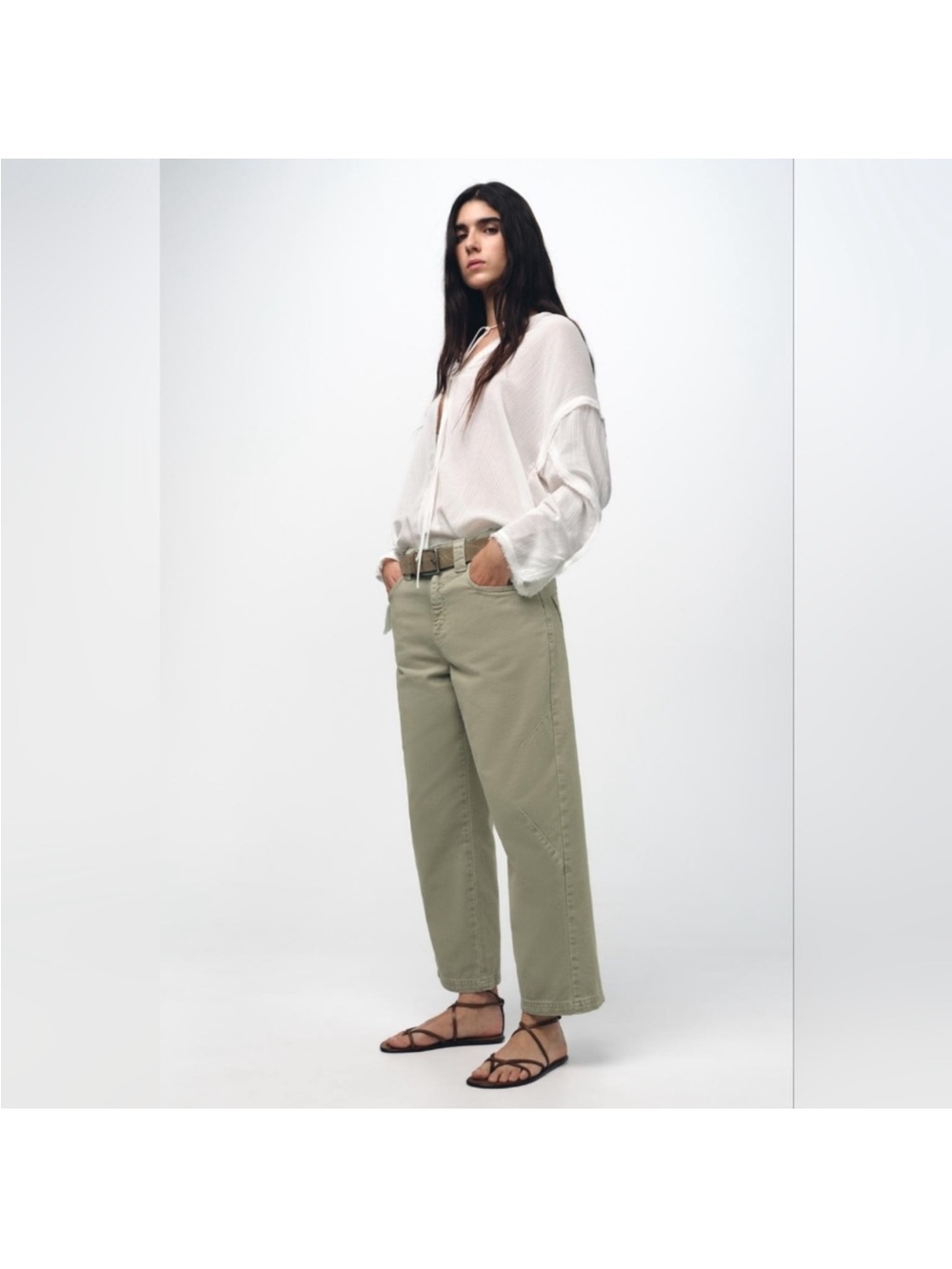 NWT Zara The Cropped Barrel Leg Jeans In Khaki Sz 8